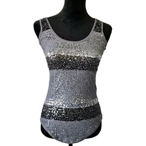 Rue 21 Juniors Sequin Lace Tank Top Y2K Style Size Med Black Gray Silver Bling